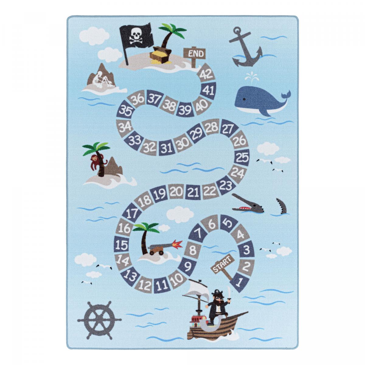 Tapis enfant Lavable 30° TRESORS bleu, UN AMOUR DE TAPIS