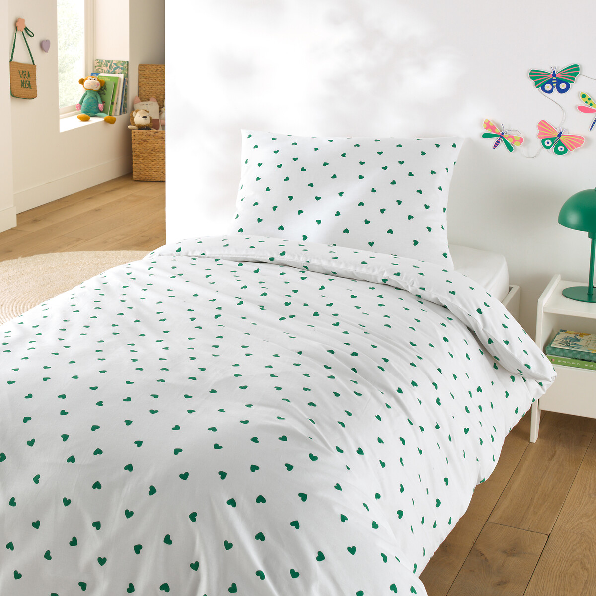 Scacco Green Child's Duvet Cover Set in 50% Recycled Cotton with Rectangular Pillowcase heart print, LA REDOUTE INTERIEURS
