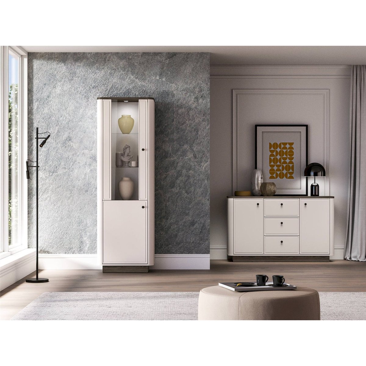 Vitrine haute VILAVIO 2 portes avec éclairage beige cachemire et chêne foncé, RECOLLECTION