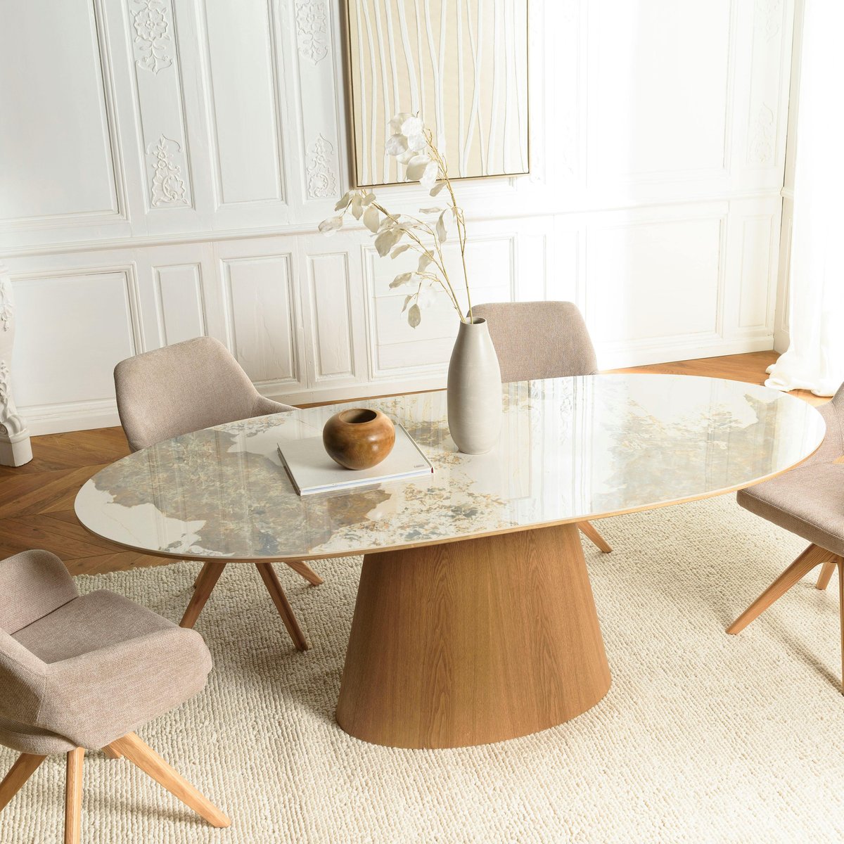 Table à manger 200x90cm plateau céramique pieds bois LINEA blanc, PIER IMPORT