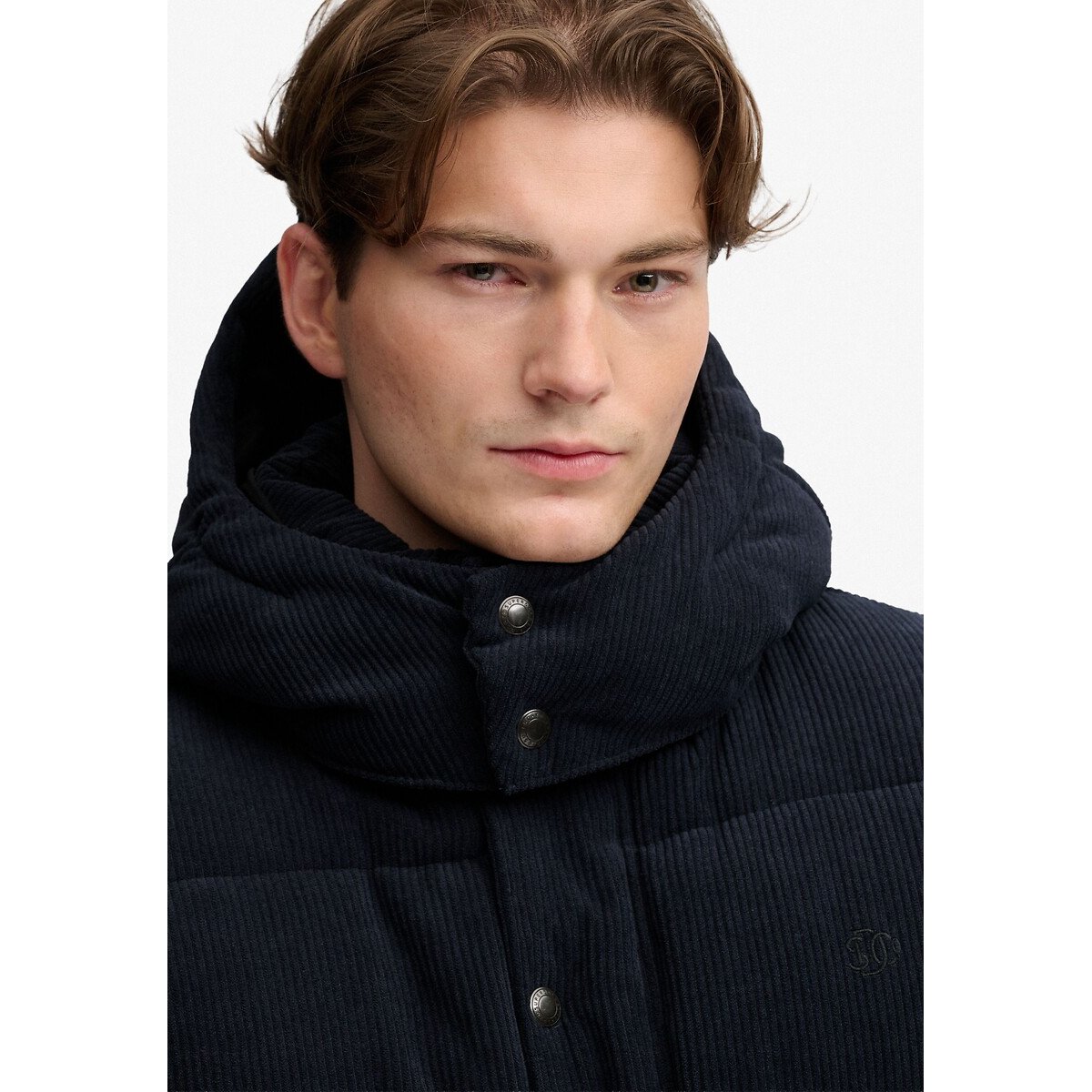 Piumino con cappuccio, in velluto a coste blu marino, SUPERDRY