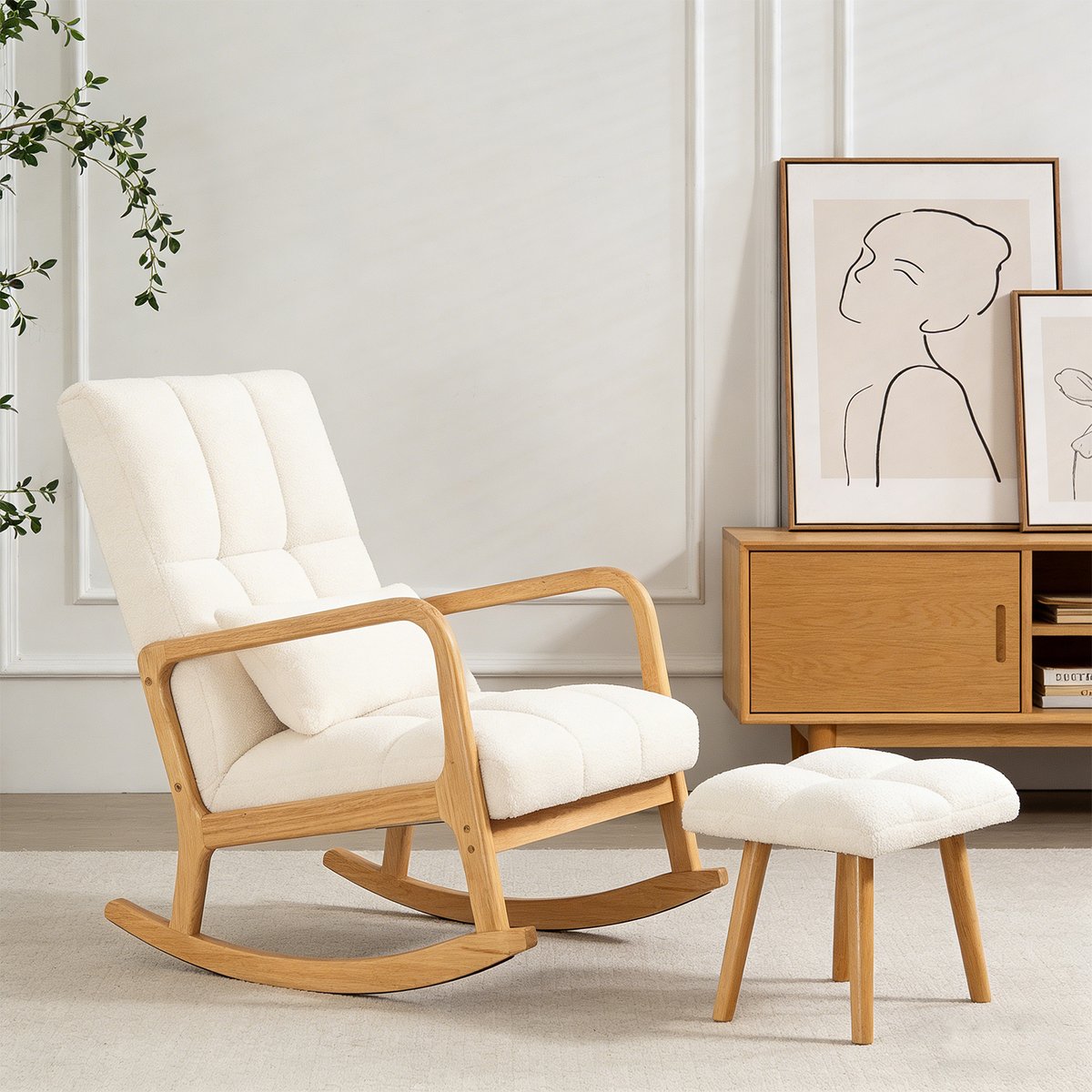 Fauteuil à bascule tissu bouclette avec repose-pieds, RAMONA blanc, MEUBLES COSY