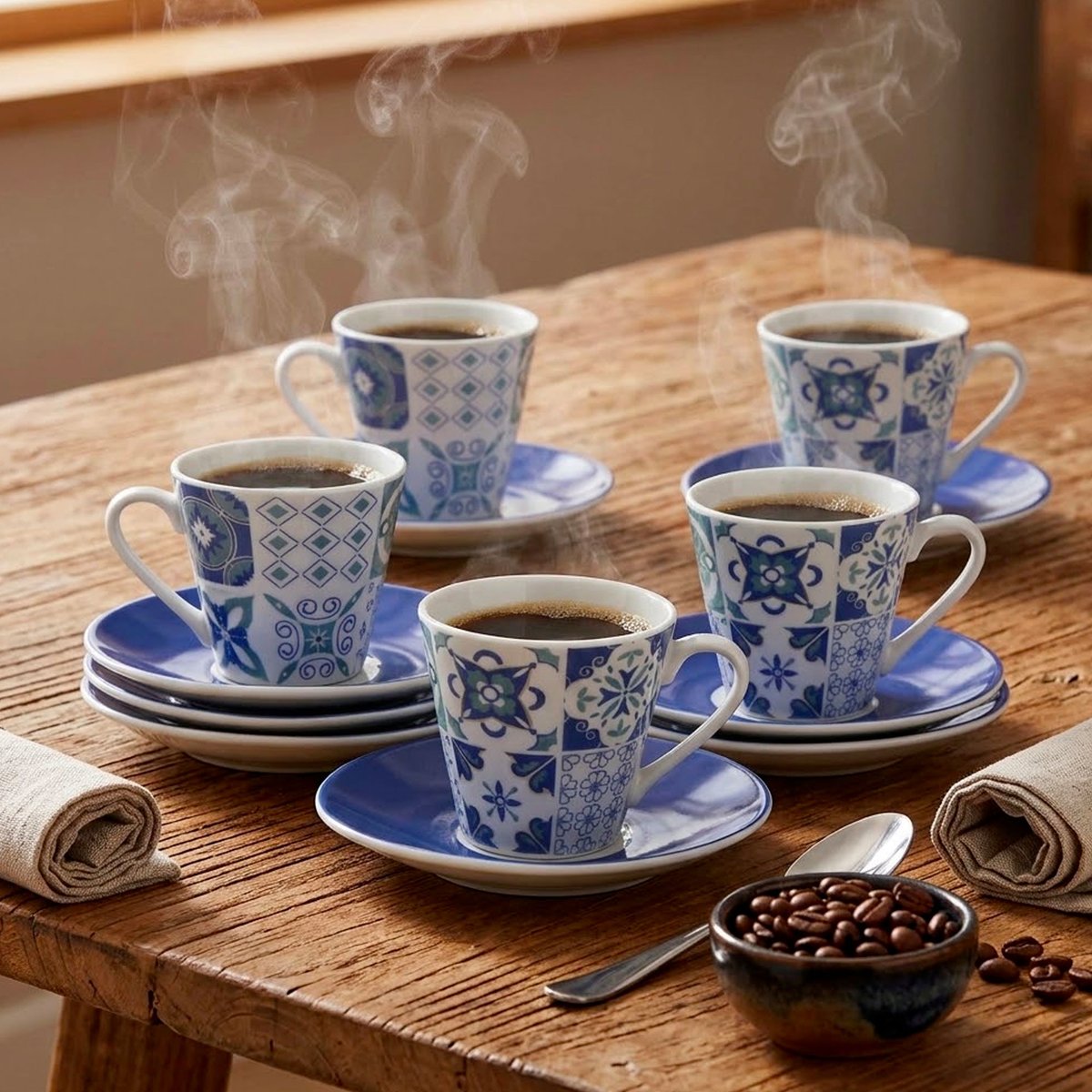 Set de 6 tasses et dessous de tasses porcelaine carreaux de ciment bleu bleu & blanc, VERSA