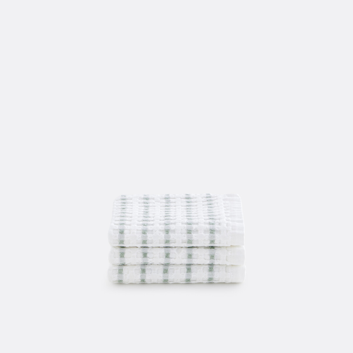 Lot de 3 serviettes d'invités en coton nid d'abeille, TIFLI RAYÉ blanc/vert de gris, LA REDOUTE INTERIEURS