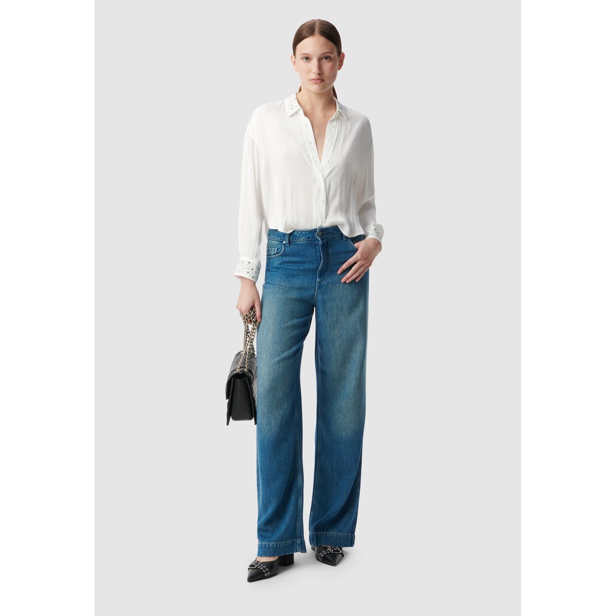Chemise recyclée décor clous et strass blanc cassé, IKKS