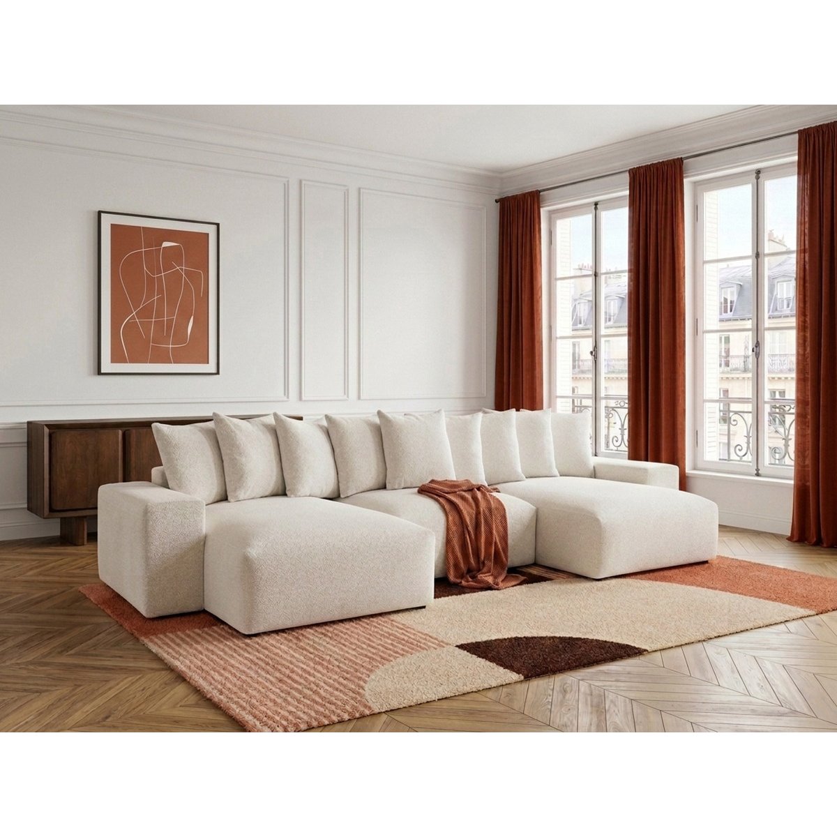 Canapé panoramique convertible 6 places en tissu chiné, VOLTAIRE blanc, BOBOCHIC