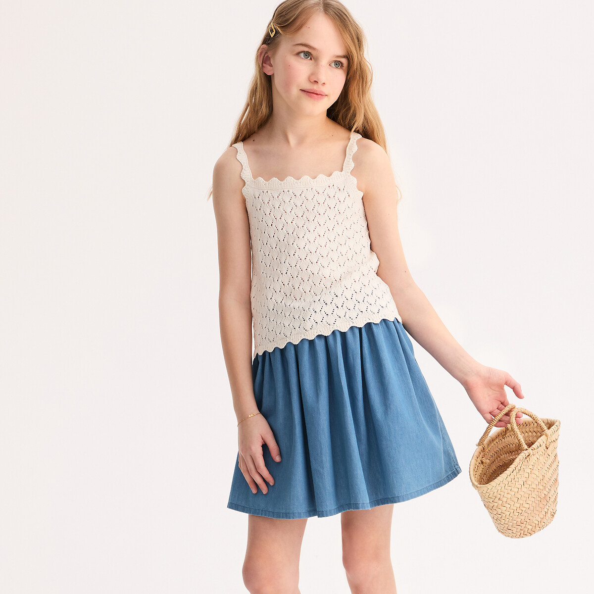 Débardeur à fines bretelles, en maille tricot ajourée ecru, LA REDOUTE COLLECTIONS