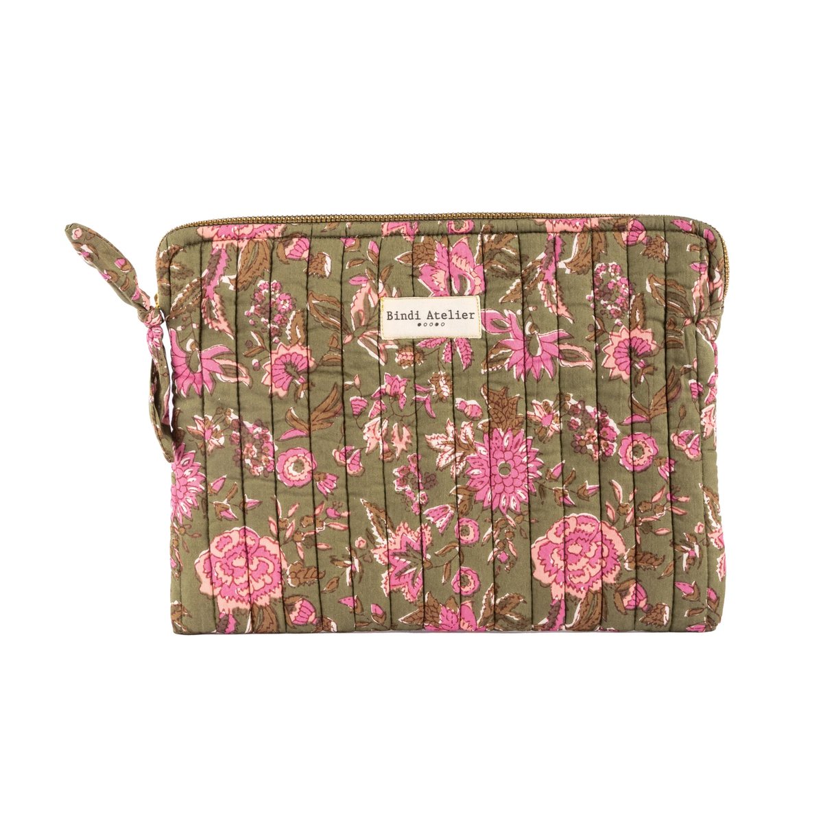 Pochette plate en coton matelassé vert khaki, BINDI ATELIER