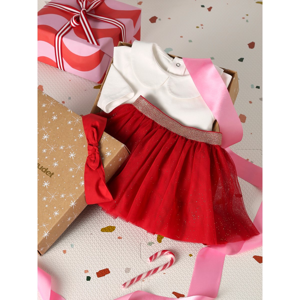 Ensemble bébé t-shirt jupon bandeau coffret cadeau noël rouge, VERTBAUDET