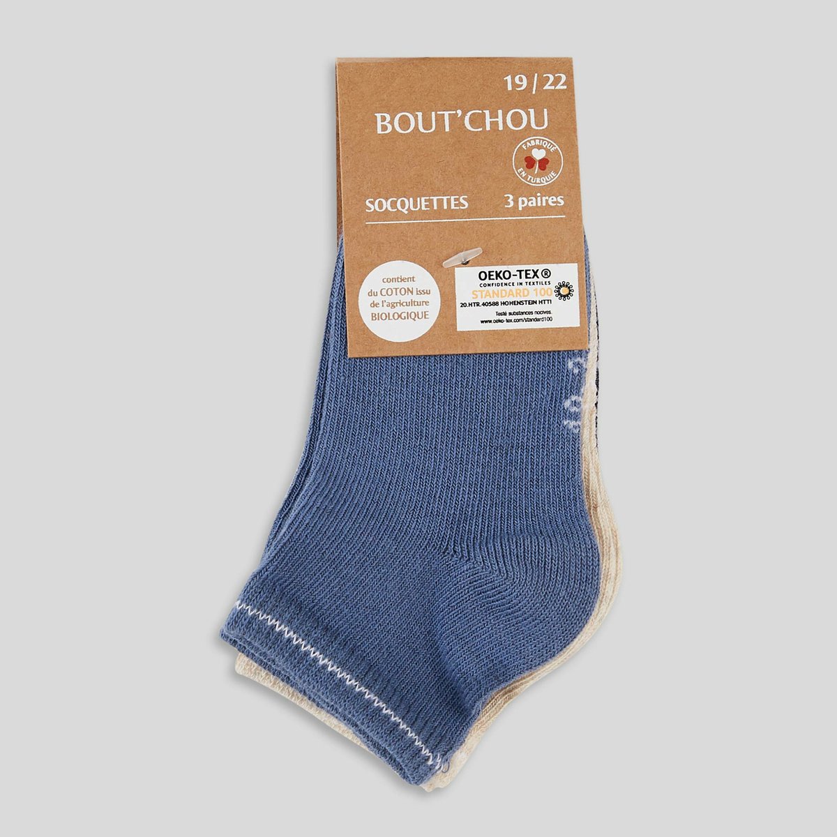 Lot de 3 paires de socquettes unis contenant du coton BIO GOTS marine, BOUT'CHOU
