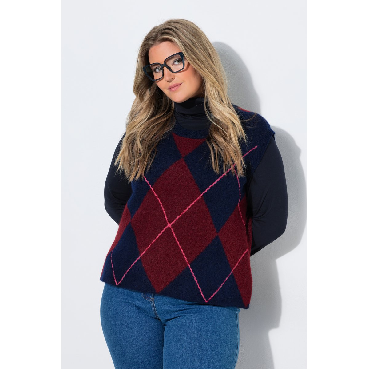 Pull sans manches, motif losange et col rond bleu encre, ULLA POPKEN
