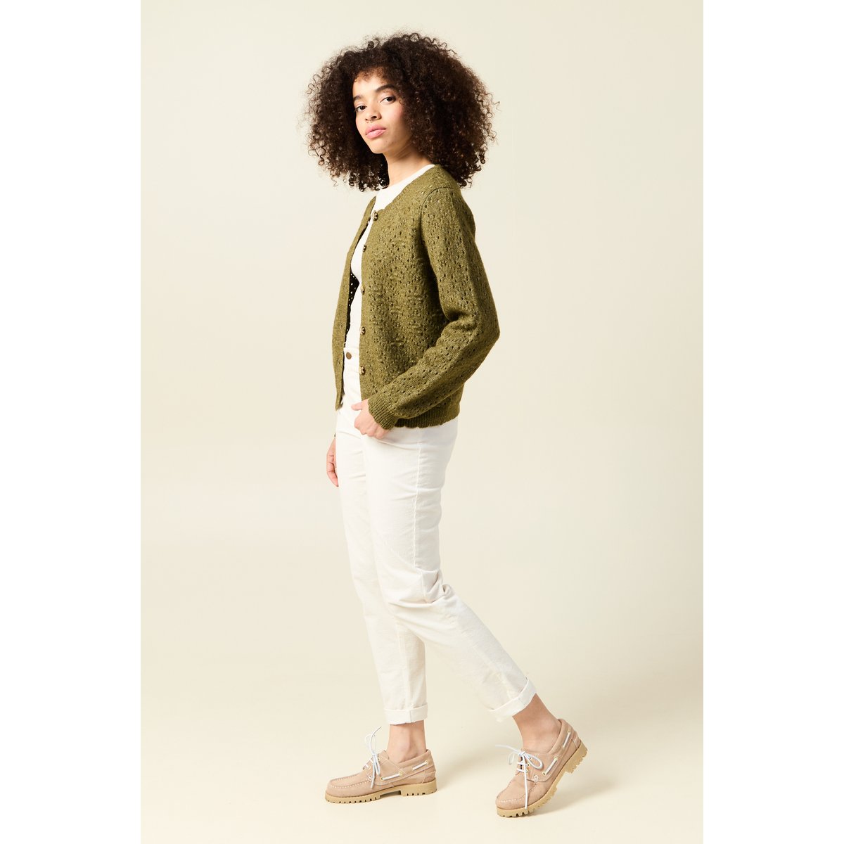 Gilet manches longues col rond vert kaki, BONOBO