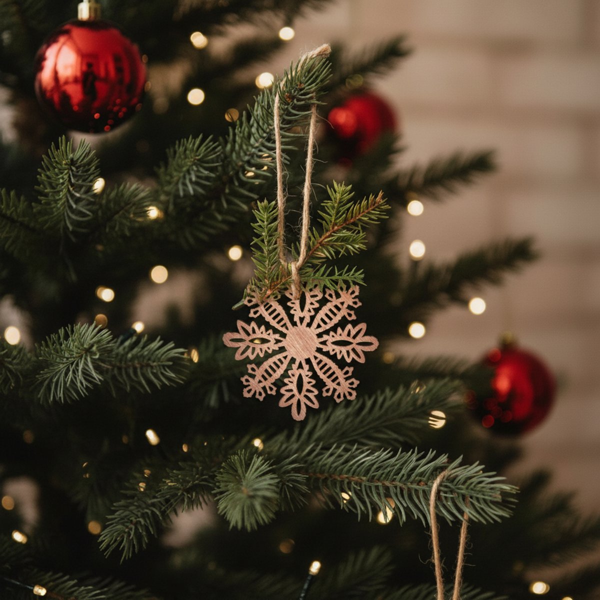 Suspension de noël flocon avec pin décorative en bois H20 beige et vert, SIA DECO