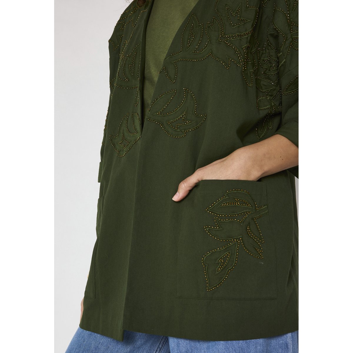 Veste brodée à manches 3/4 en coton VOYAGE kaki, Maison 123