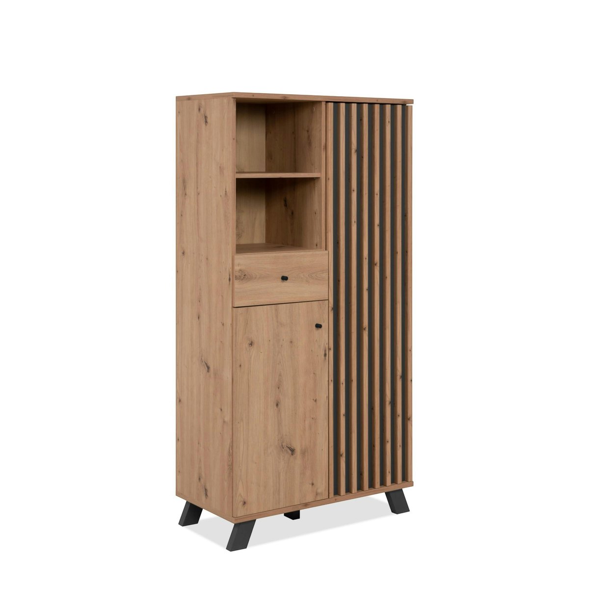 Buffet haut 1 porte noire rainurée 80 cm ALVA bois naturel, PIER IMPORT