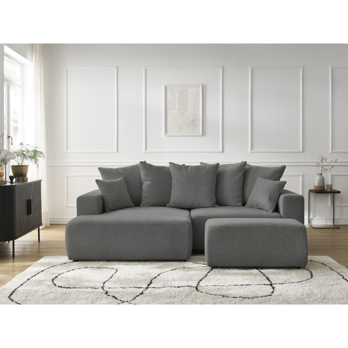 Canapé d'angle convertible 5 places en tissu chiné avec pouf, ATILLA gris foncé, BOBOCHIC