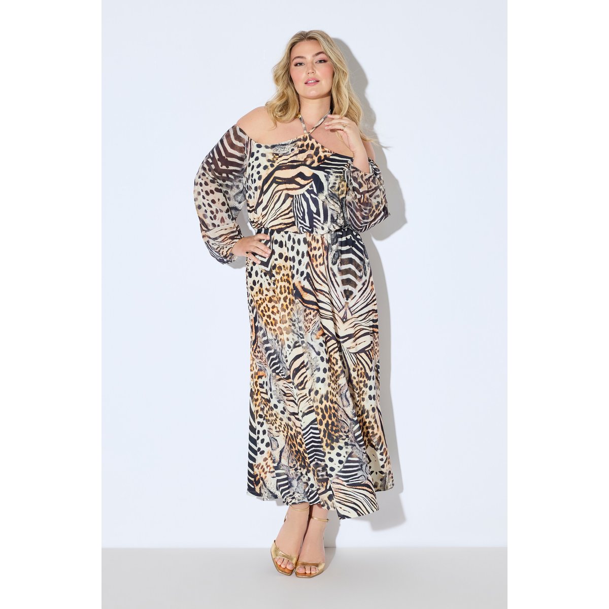 Robe maxi en mousseline. Épaules mastic foncé, ULLA POPKEN