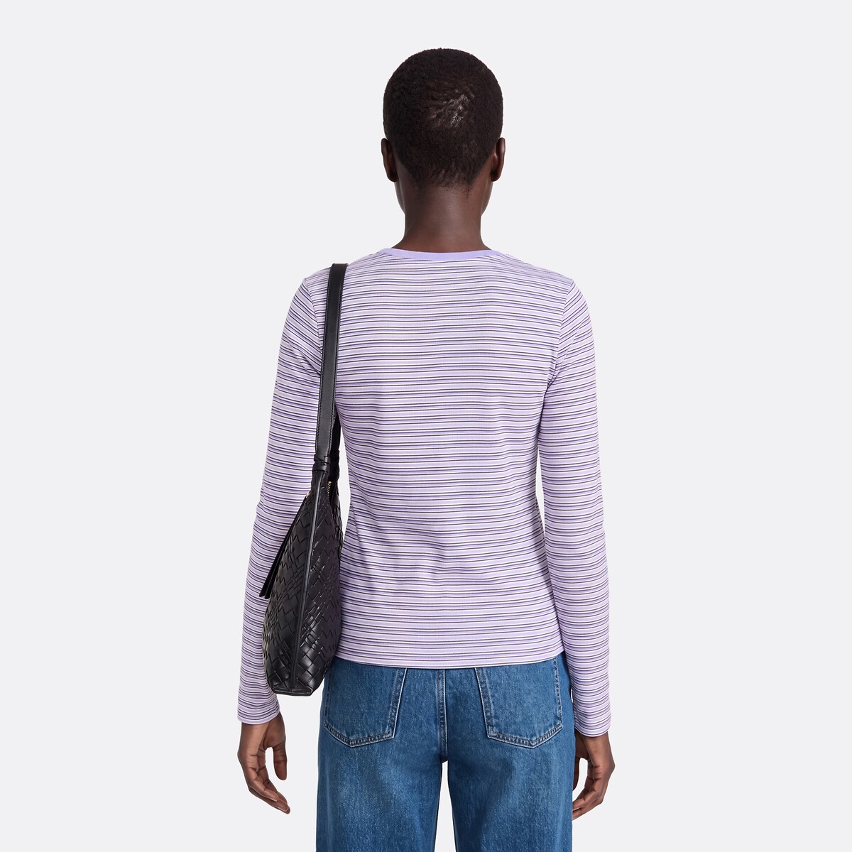 T-shirt manches longues col rond, rayé, maille côtelée, avec mitaines intégrées rayé violet, LA REDOUTE COLLECTIONS