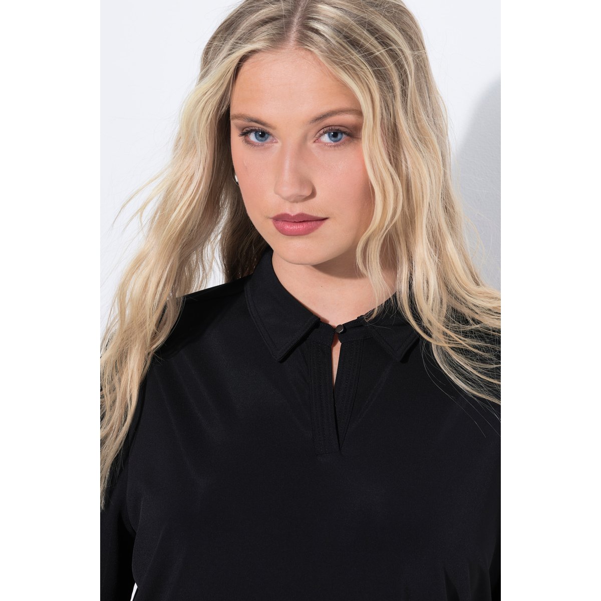 Chemisier en jersey à col chemise et manches noir, ULLA POPKEN