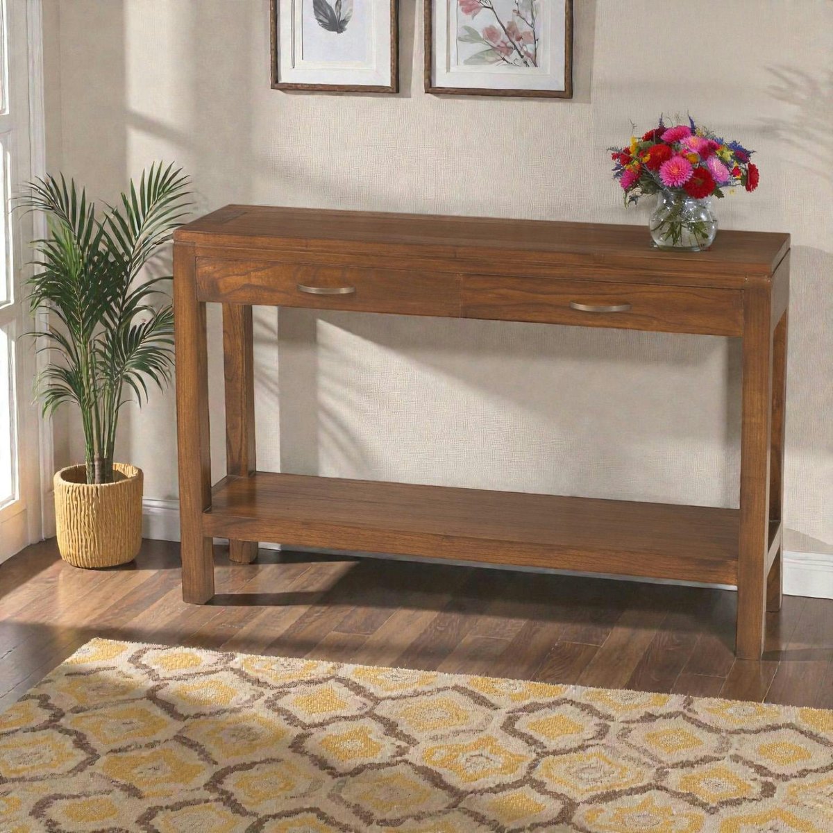 Console en bois acajou style exotique 2 tiroirs 2 plateaux 120cm LOLA bois naturel, PIER IMPORT