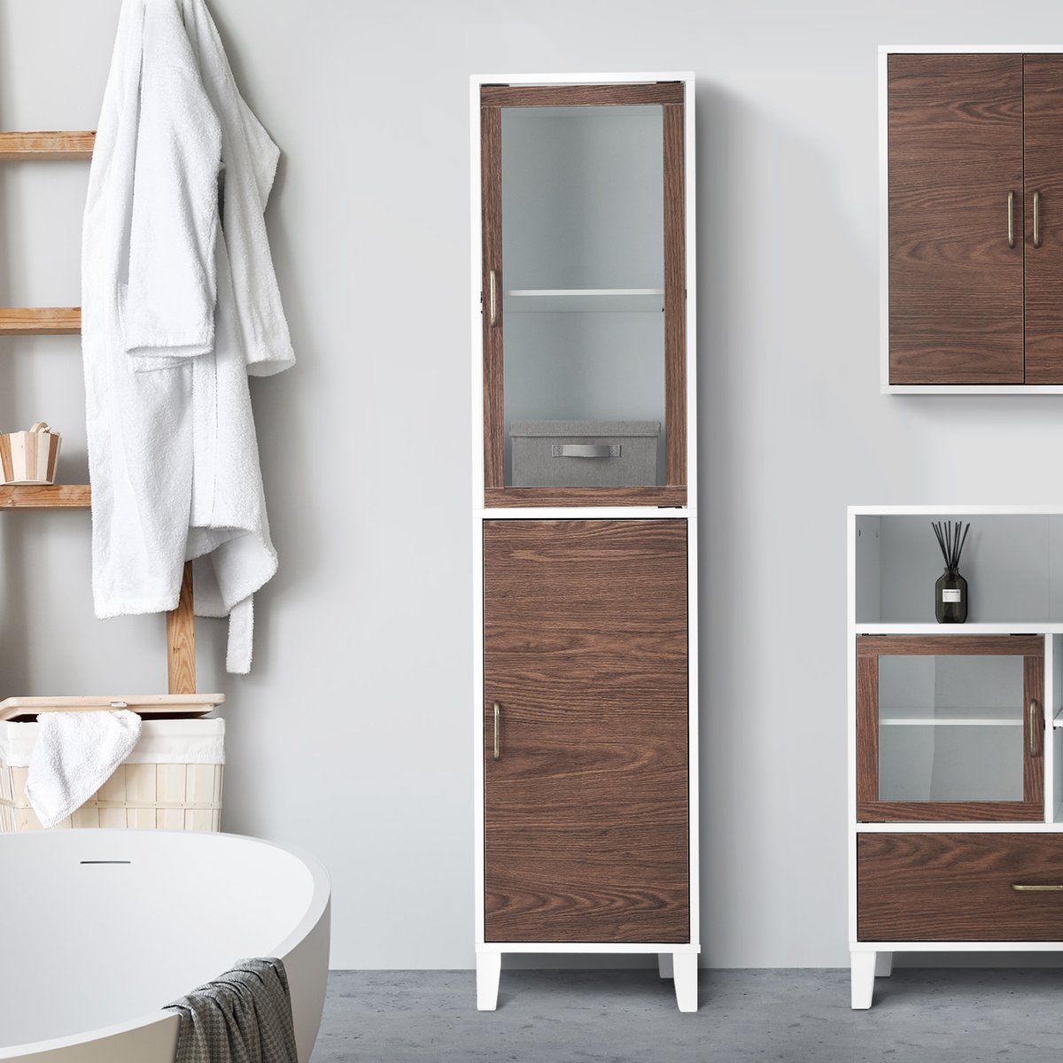 Grande armoire et effet noyer avec portes et étagères réglables, Blanc, TYLER couleur unique, TEAMSON HOME