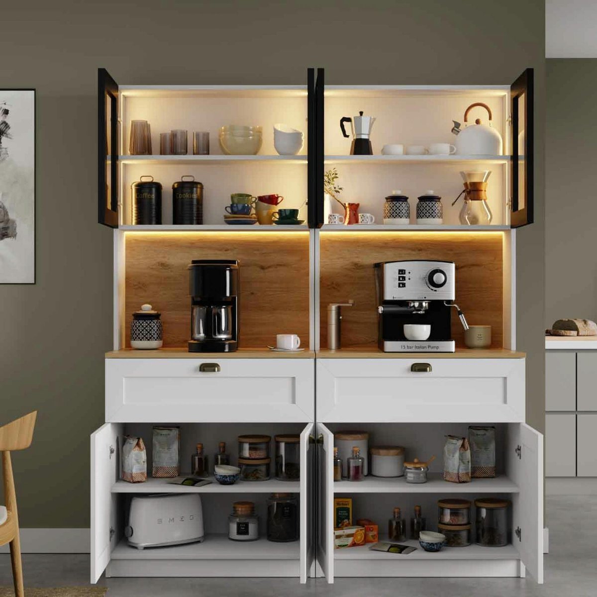 Vaisselier de cuisine à LED 8 portes décor blanc et noir AURA blanc, PIER IMPORT