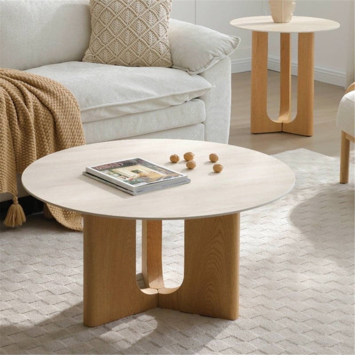 Table basse ronde KLIMANTO effet travertin beige travertin et chêne, RECOLLECTION