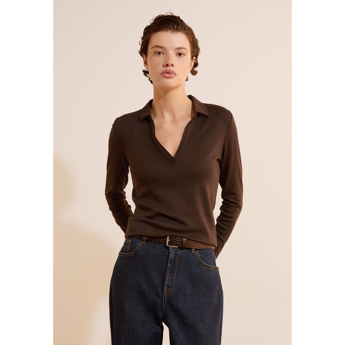 T-shirt col polo en coton modal TANDEM POLO chocolat, ETAM