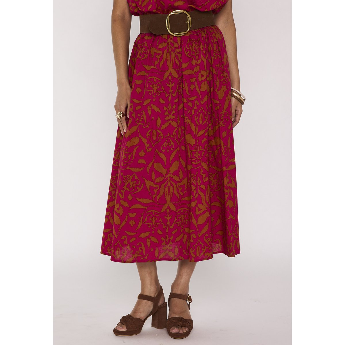 Jupe midi fluide imprimée en coton BRUNE fuchsia, Maison 123