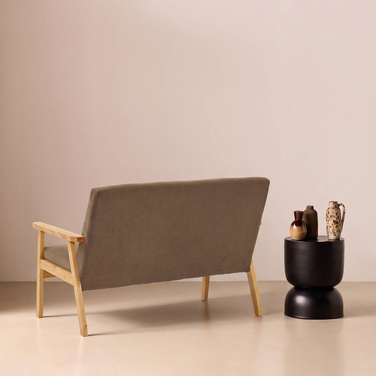 Canapé banquette 2 places bois d'hévéa velours côtelé ISAK taupe, SWEEEK