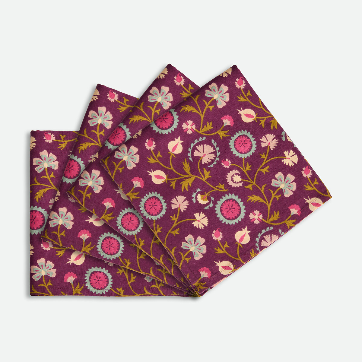 Lot de 4 serviettes de table, imprimé floral, en coton lavé, IZILD imprimé fond prune, LA REDOUTE INTERIEURS