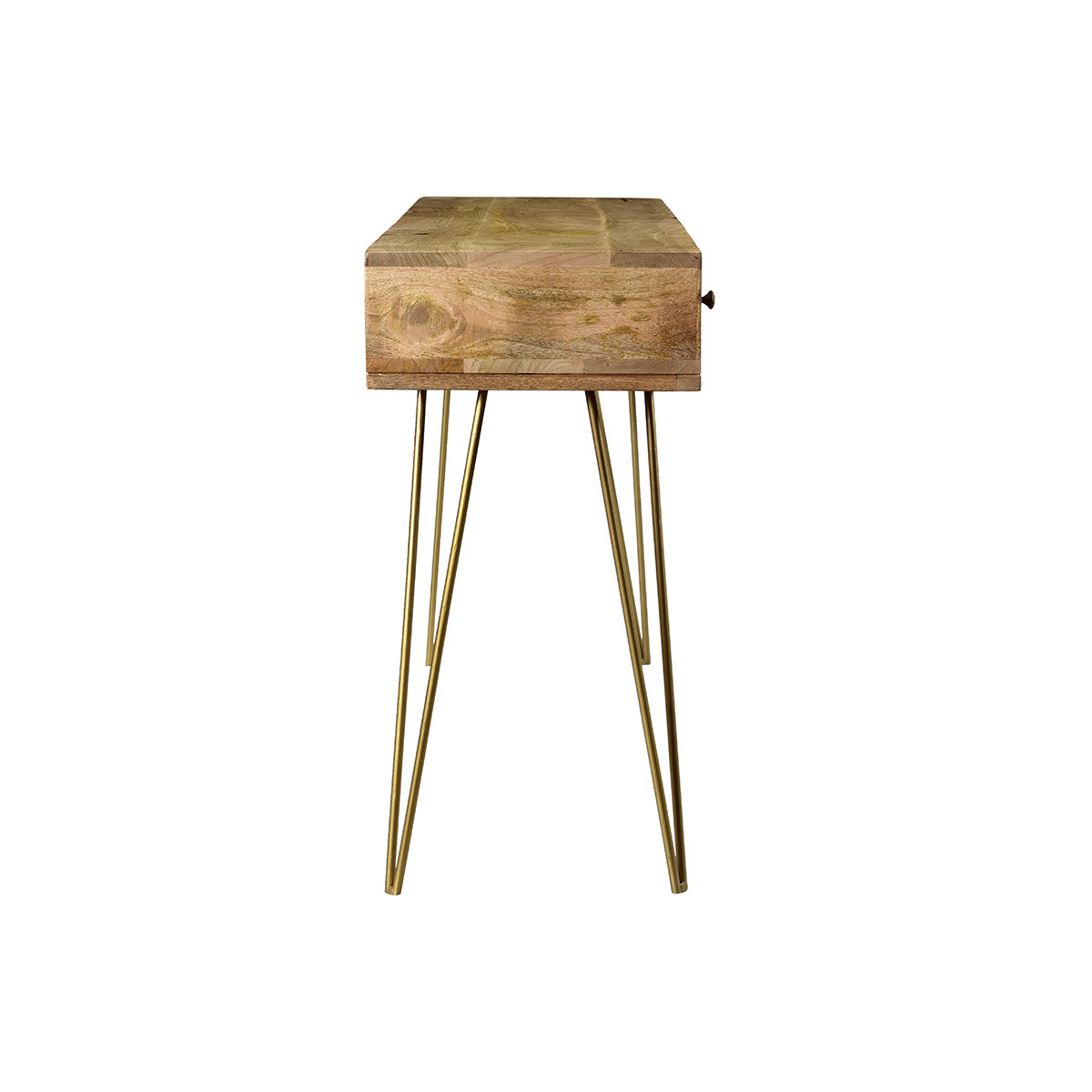 Console avec rangements 3 tiroirs en bois manguier massif gravé et métal doré L120 cm LINIUM naturel, MILIBOO