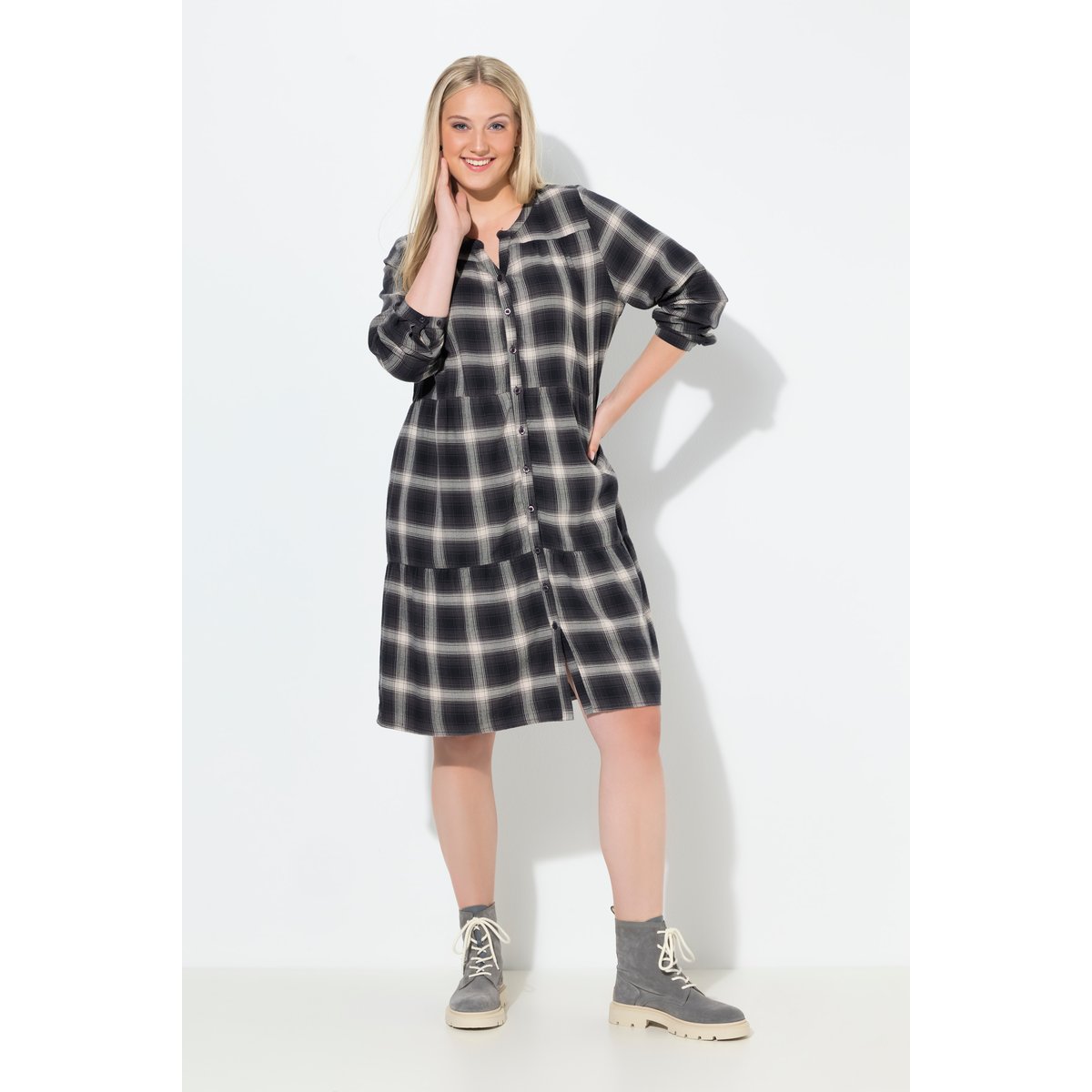 Robe trapèze à carreaux gris graphite, ULLA POPKEN