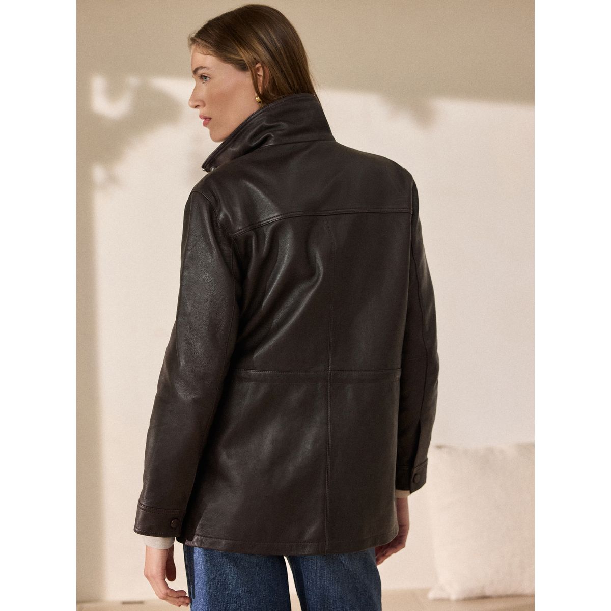 Veste cintrée en cuir à col cheminée marron chocolat, NEXT