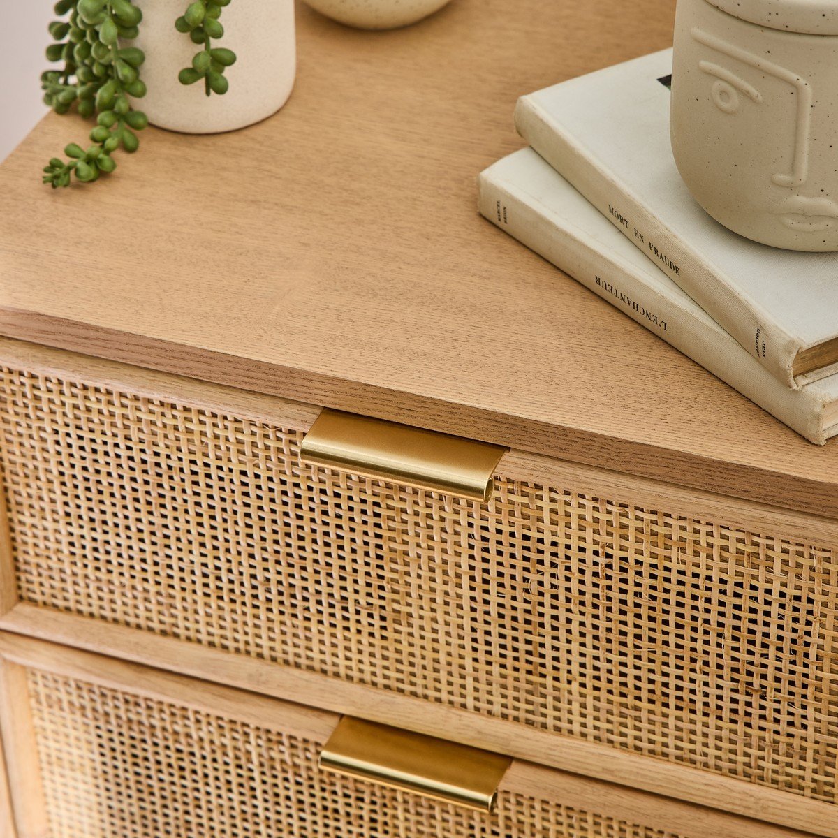 Table de chevet 3 Tiroirs Façade en Cannage Rotin Naturel - MIYA bois clair, CALICOSY