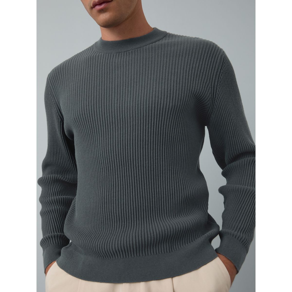 Pull regular col rond côtelé gris ardoise, NEXT