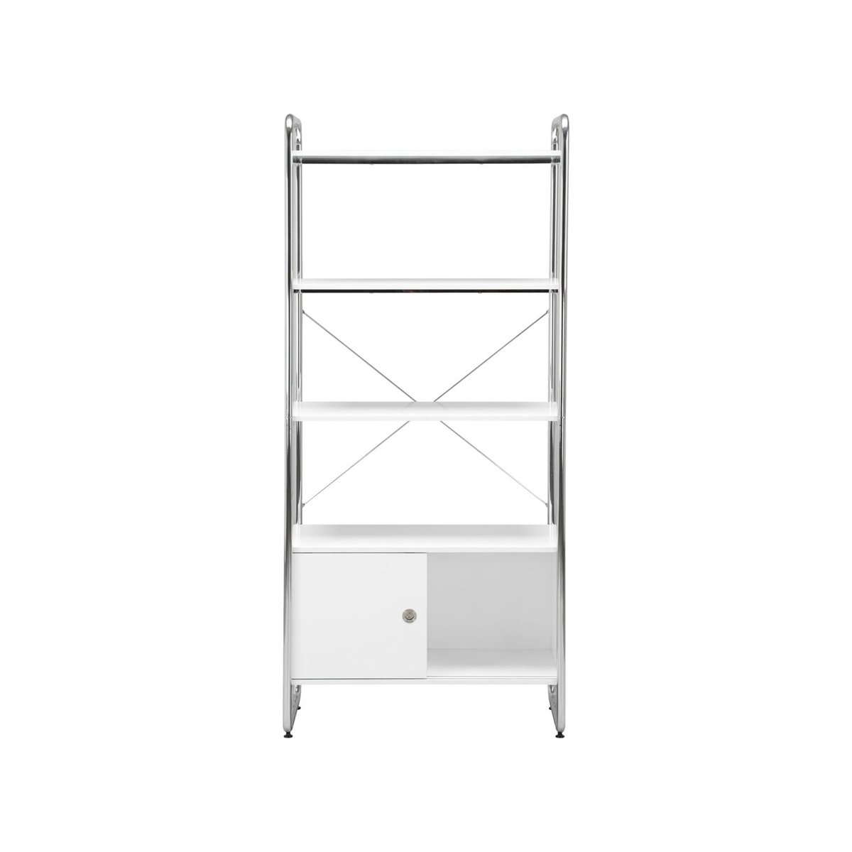 Etagère bibliothèque métal chromé et décor bois 2 portes coulissantes 5 niveaux LENNOX blanc, SWEEEK