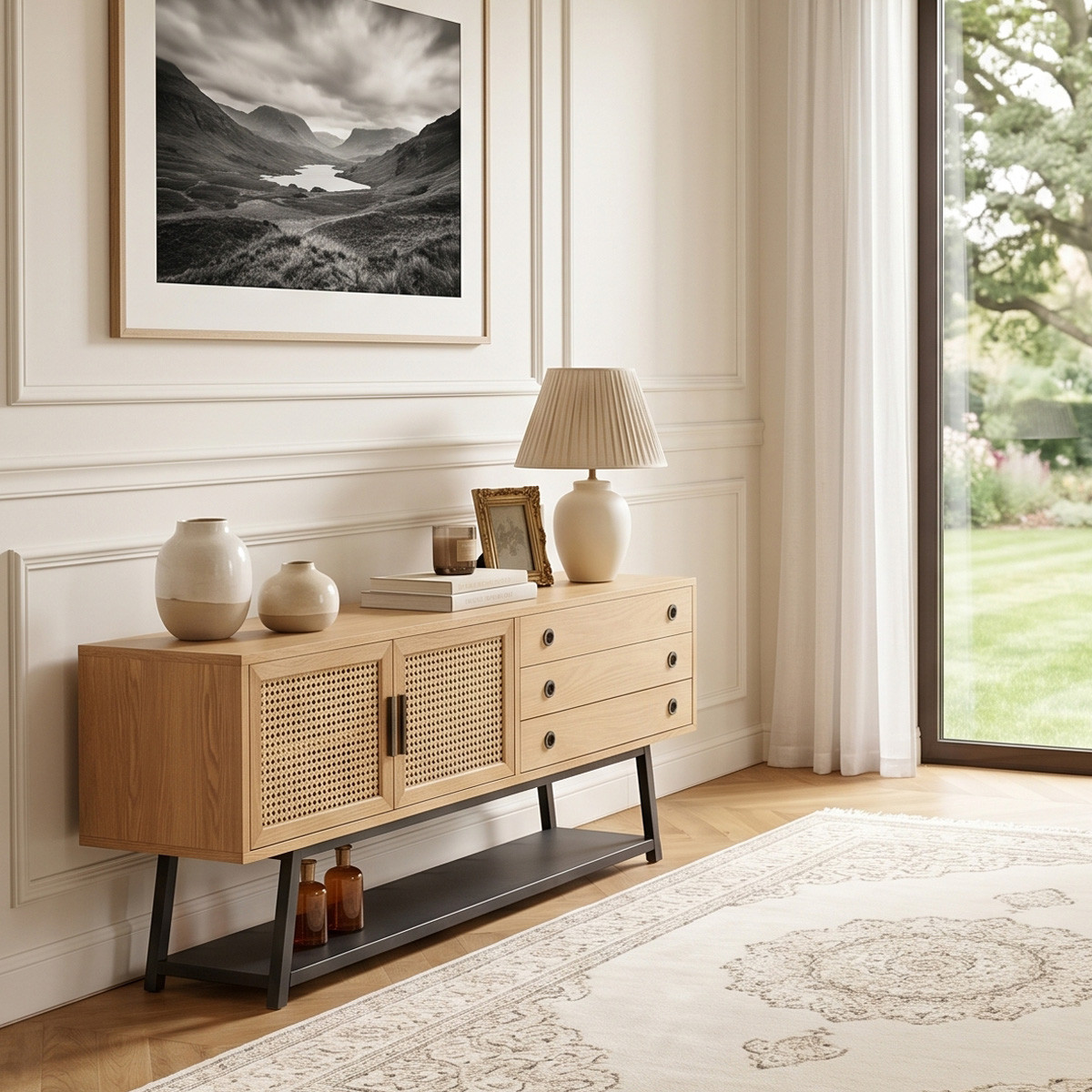 Buffet style scandinave en chêne 2 portes et 2 tiroirs LALALA beige, ROBIN DES BOIS