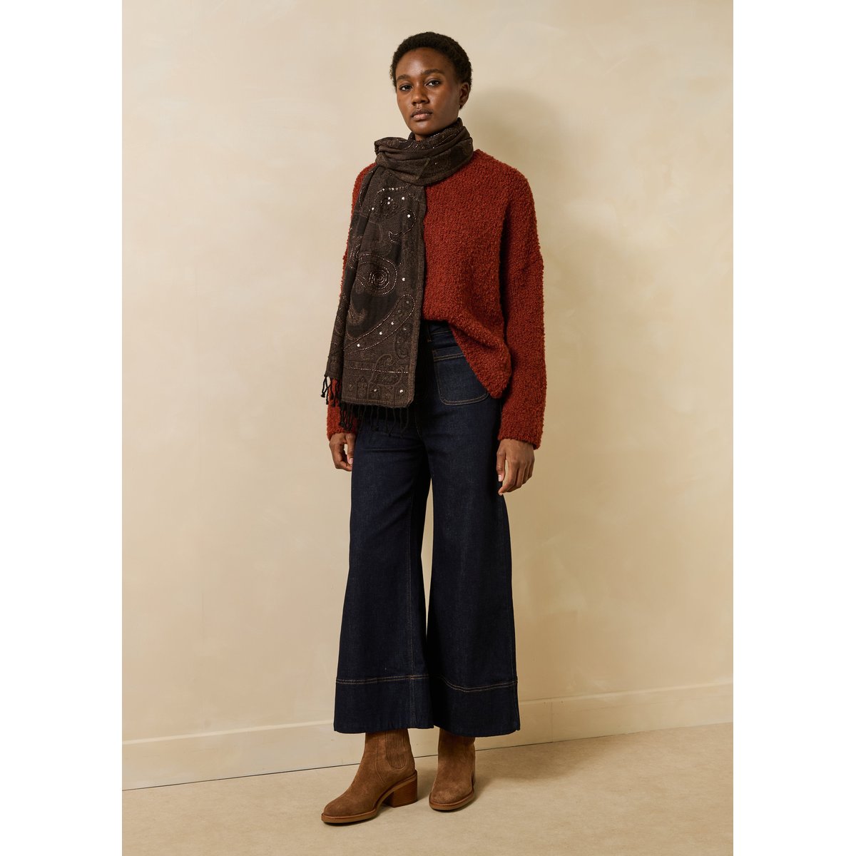Écharpe coton et laine avec broderie marron, LA FEE MARABOUTEE
