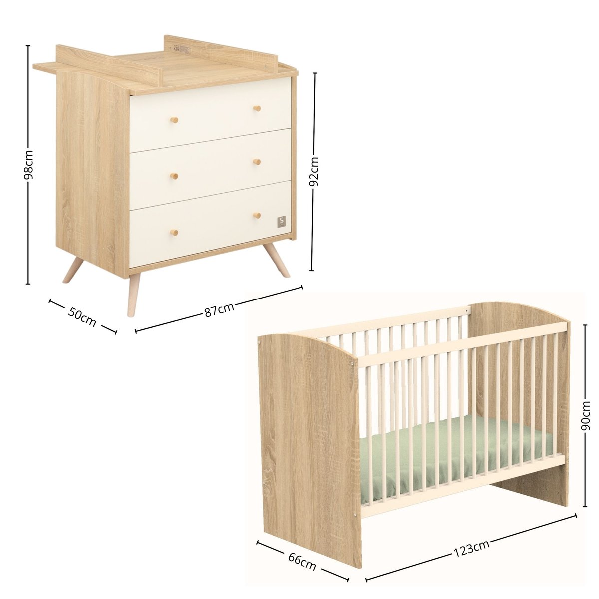 Chambre bébé complète, Lit et Commode à langer blanc/marron, SAUTHON