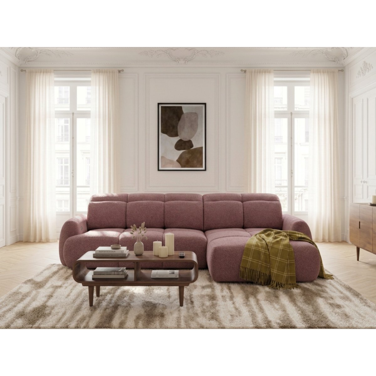 Canapé d'angle convertible 3 places en tissu chenille, RUBY rouge, BOBOCHIC