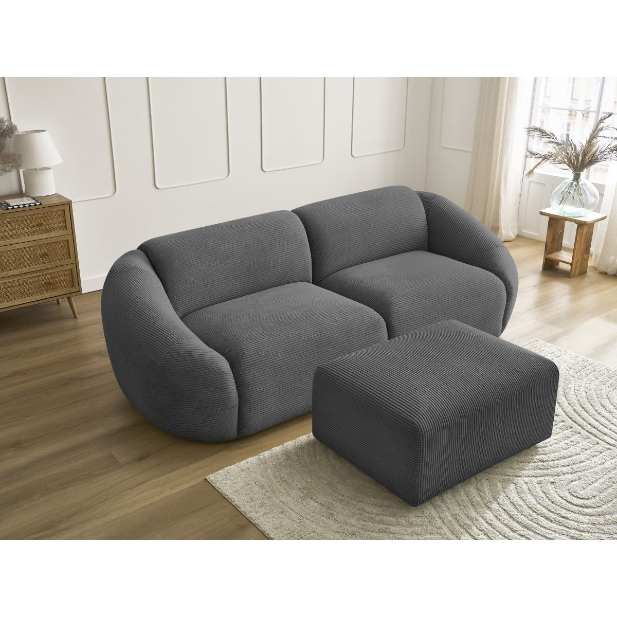 Canapé droit fixe 4 places en velours côtelé avec pouf, TINA gris foncé, BOBOCHIC