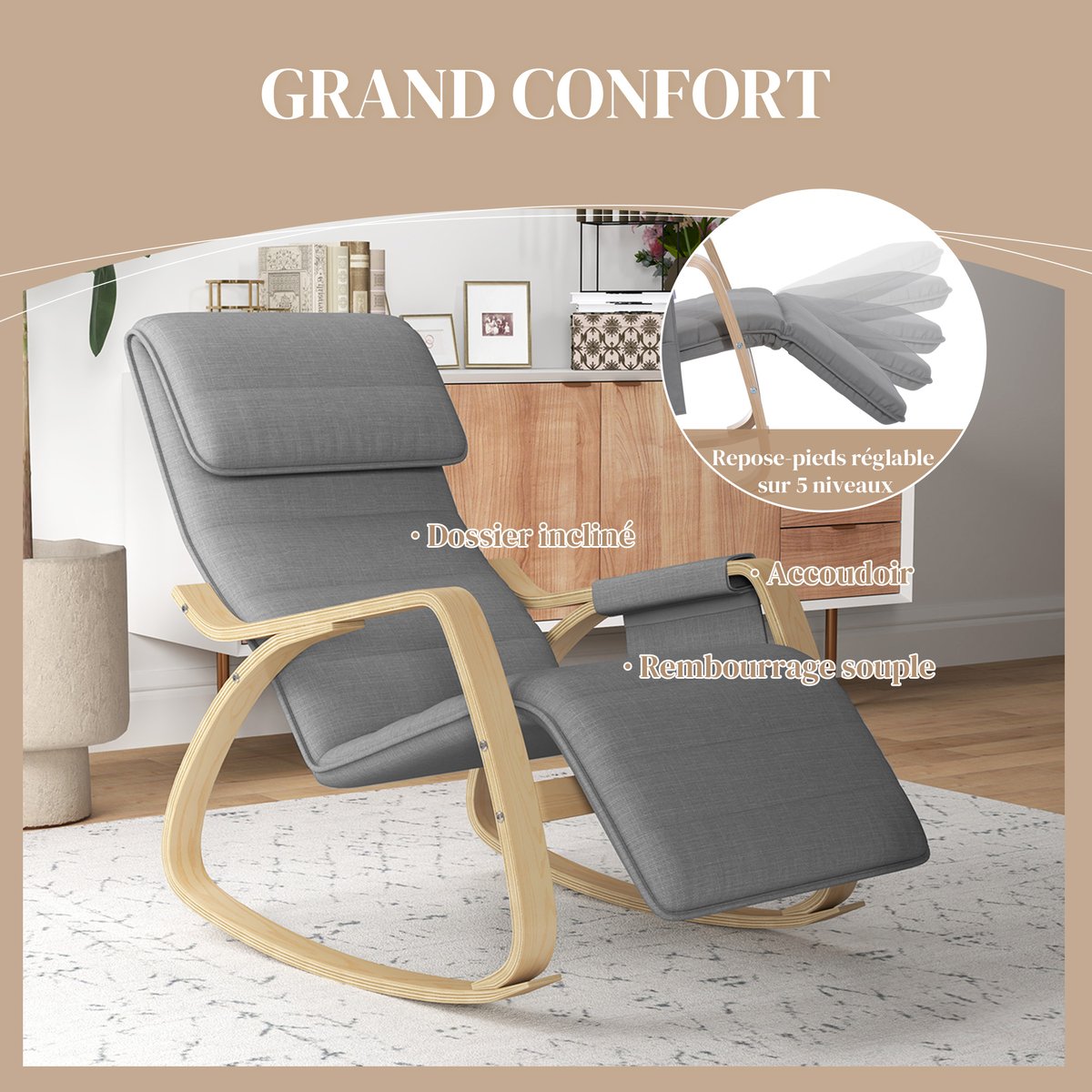 Fauteuil à bascule Lin Gris gris, HOMCOM