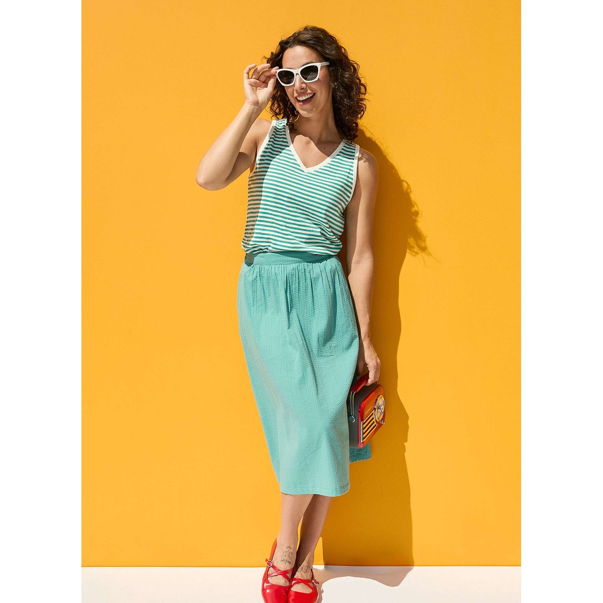 Jupe midi coton gaufré GAELA bleu turquoise gaela, PRINCESSE NOMADE