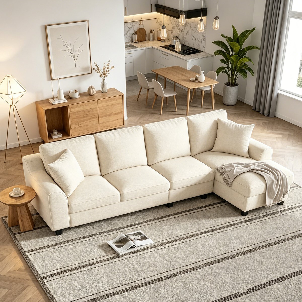 Canapé d'angle réversible coffre en chenille, VASEB beige, MEUBLES COSY
