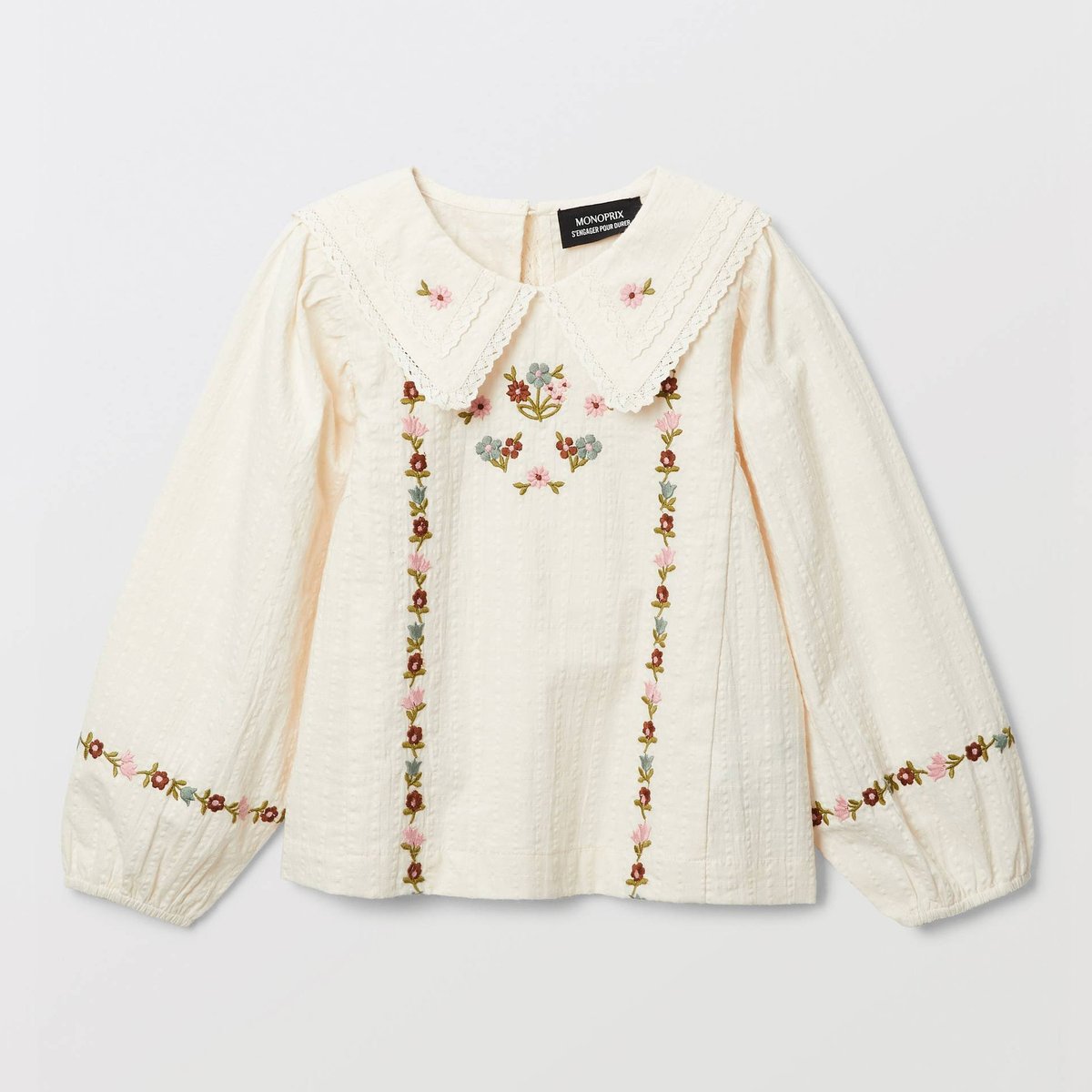 Blouse avec double col et broderie en coton amaretti, MONOPRIX