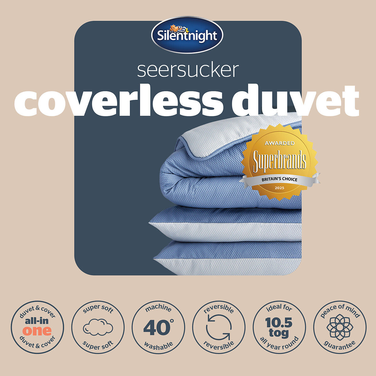 Seersucker Coverless 10.5 Tog Duvet and Pillowcase Set grey/blue, SILENTNIGHT