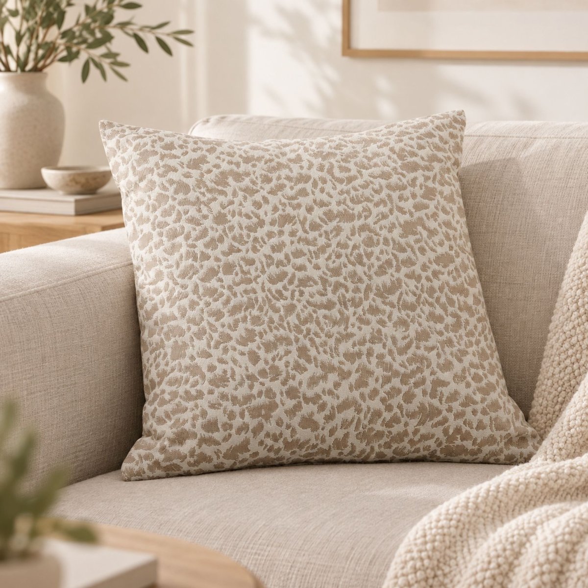Coussin jacquard abstrait texturé style naturel beige, LINDER