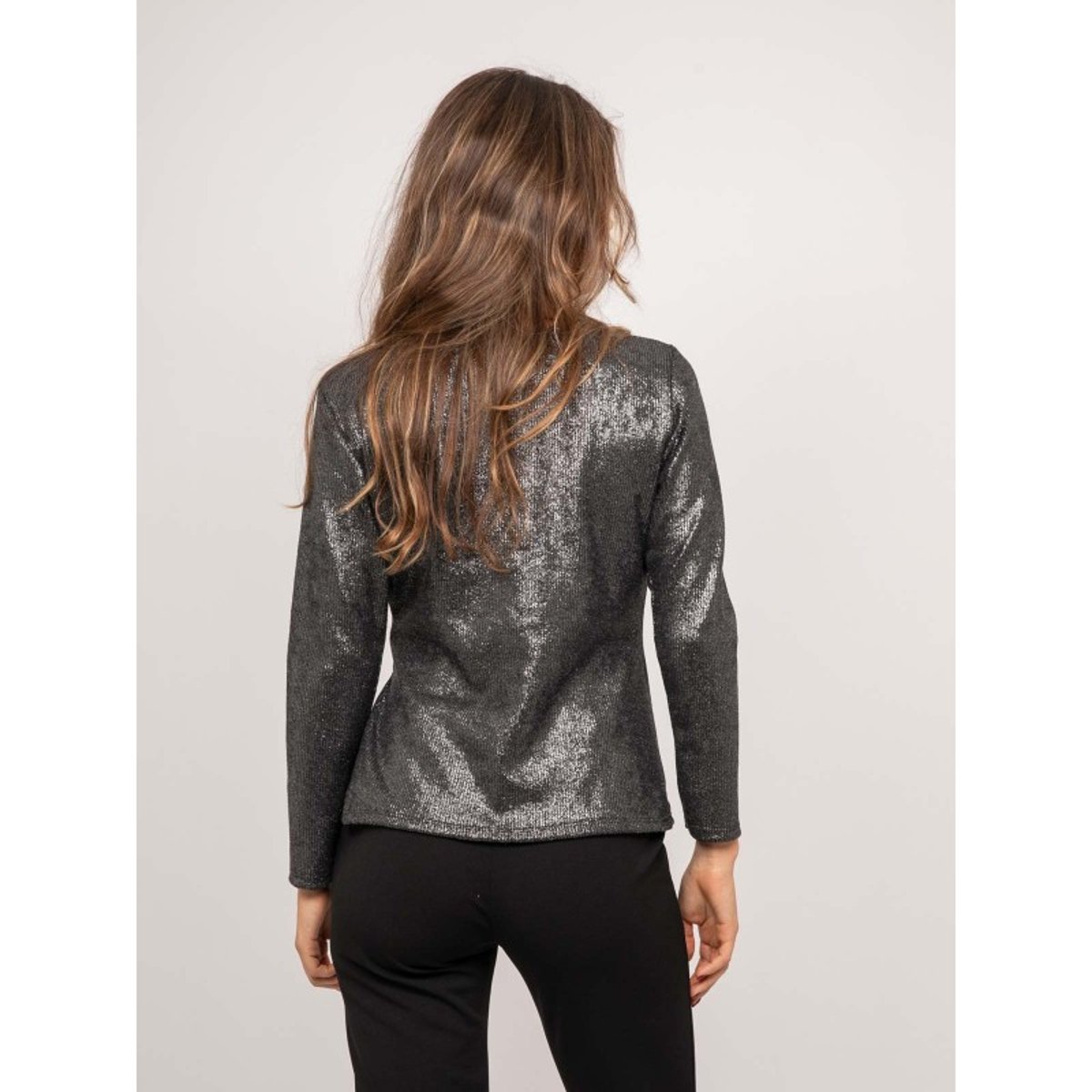 Top Brillant Manches Longues Drapé Flarine noir, DONA LISA