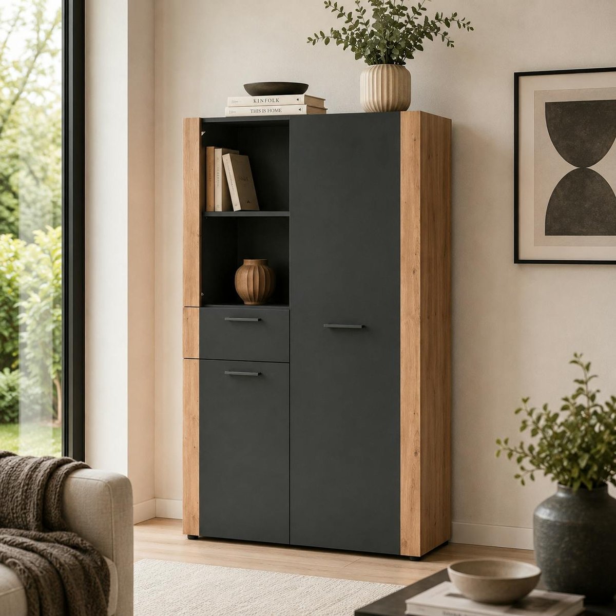 Buffet haut gris foncé 2 portes 1 tiroir ALVA bois naturel, PIER IMPORT